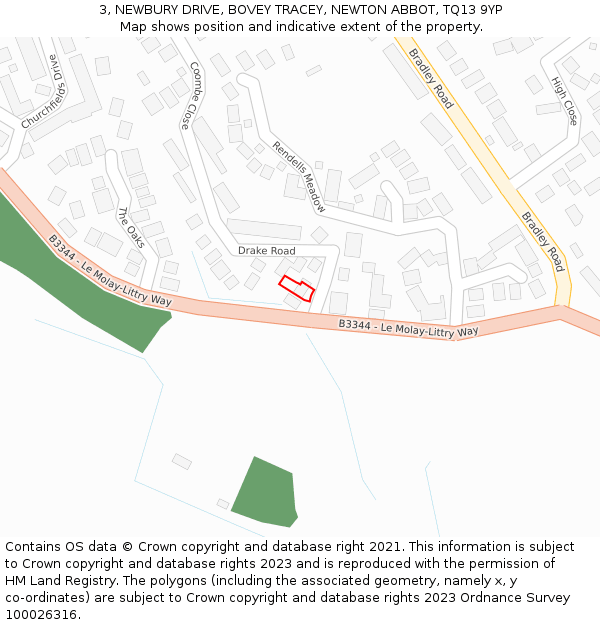 3, NEWBURY DRIVE, BOVEY TRACEY, NEWTON ABBOT, TQ13 9YP: Location map and indicative extent of plot