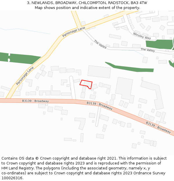 3, NEWLANDS, BROADWAY, CHILCOMPTON, RADSTOCK, BA3 4TW: Location map and indicative extent of plot