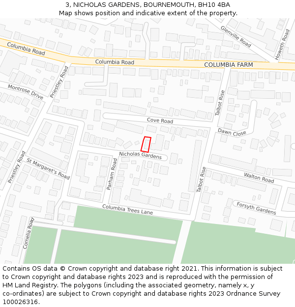 3, NICHOLAS GARDENS, BOURNEMOUTH, BH10 4BA: Location map and indicative extent of plot