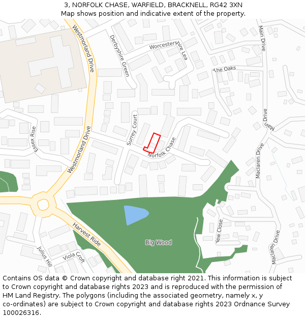 3, NORFOLK CHASE, WARFIELD, BRACKNELL, RG42 3XN: Location map and indicative extent of plot