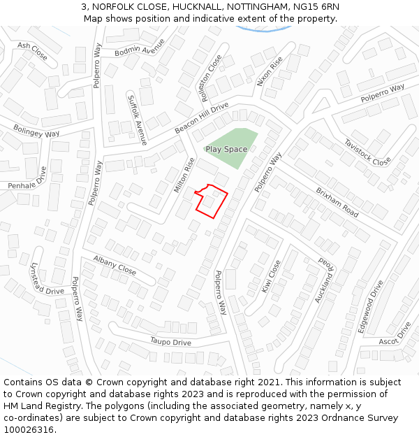 3, NORFOLK CLOSE, HUCKNALL, NOTTINGHAM, NG15 6RN: Location map and indicative extent of plot