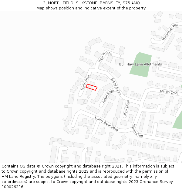 3, NORTH FIELD, SILKSTONE, BARNSLEY, S75 4NQ: Location map and indicative extent of plot