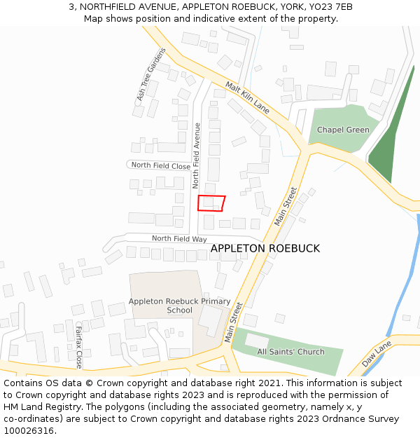 3, NORTHFIELD AVENUE, APPLETON ROEBUCK, YORK, YO23 7EB: Location map and indicative extent of plot