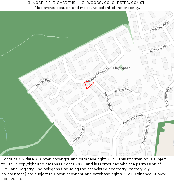 3, NORTHFIELD GARDENS, HIGHWOODS, COLCHESTER, CO4 9TL: Location map and indicative extent of plot