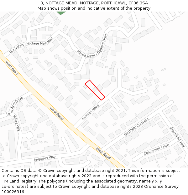 3, NOTTAGE MEAD, NOTTAGE, PORTHCAWL, CF36 3SA: Location map and indicative extent of plot