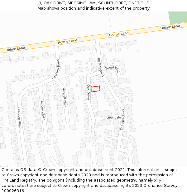 3, OAK DRIVE, MESSINGHAM, SCUNTHORPE, DN17 3US: Location map and indicative extent of plot