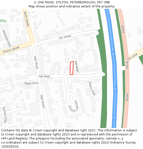3, OAK ROAD, STILTON, PETERBOROUGH, PE7 3RB: Location map and indicative extent of plot