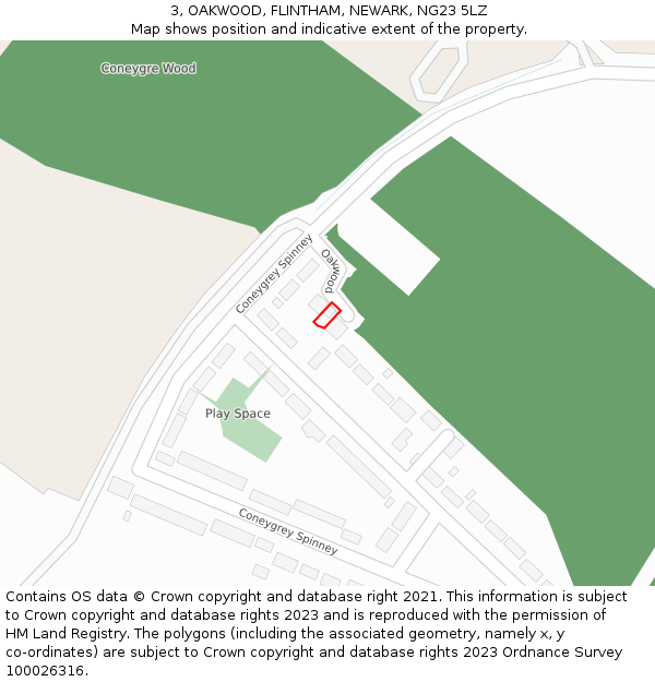 3, OAKWOOD, FLINTHAM, NEWARK, NG23 5LZ: Location map and indicative extent of plot