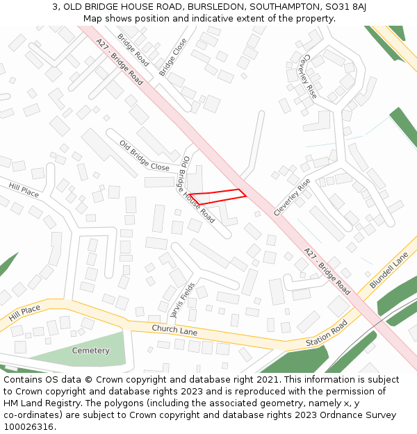 3, OLD BRIDGE HOUSE ROAD, BURSLEDON, SOUTHAMPTON, SO31 8AJ: Location map and indicative extent of plot