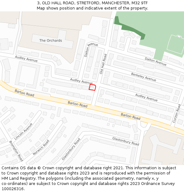 3, OLD HALL ROAD, STRETFORD, MANCHESTER, M32 9TF: Location map and indicative extent of plot
