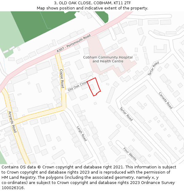 3, OLD OAK CLOSE, COBHAM, KT11 2TF: Location map and indicative extent of plot