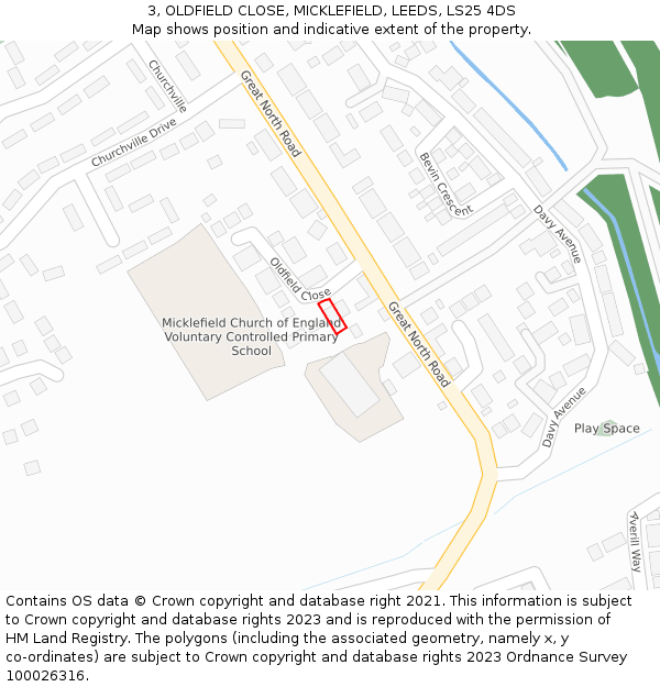 3, OLDFIELD CLOSE, MICKLEFIELD, LEEDS, LS25 4DS: Location map and indicative extent of plot