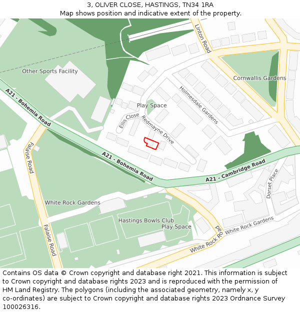 3, OLIVER CLOSE, HASTINGS, TN34 1RA: Location map and indicative extent of plot