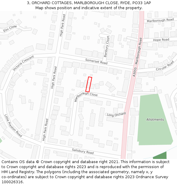 3, ORCHARD COTTAGES, MARLBOROUGH CLOSE, RYDE, PO33 1AP: Location map and indicative extent of plot