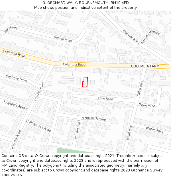 3, ORCHARD WALK, BOURNEMOUTH, BH10 4FD: Location map and indicative extent of plot