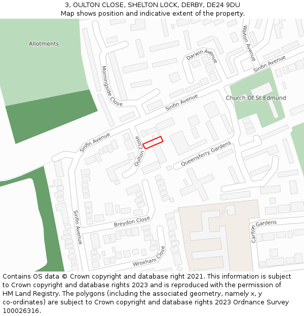 3, OULTON CLOSE, SHELTON LOCK, DERBY, DE24 9DU: Location map and indicative extent of plot