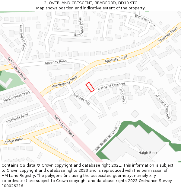 3, OVERLAND CRESCENT, BRADFORD, BD10 9TG: Location map and indicative extent of plot