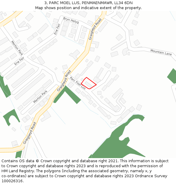 3, PARC MOEL LUS, PENMAENMAWR, LL34 6DN: Location map and indicative extent of plot