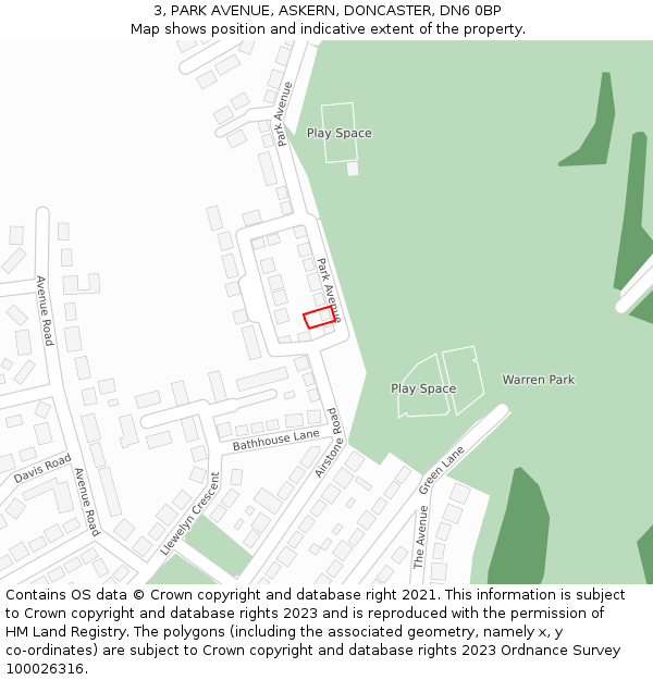 3, PARK AVENUE, ASKERN, DONCASTER, DN6 0BP: Location map and indicative extent of plot