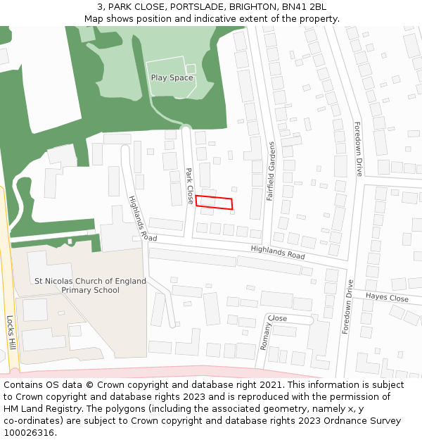 3, PARK CLOSE, PORTSLADE, BRIGHTON, BN41 2BL: Location map and indicative extent of plot
