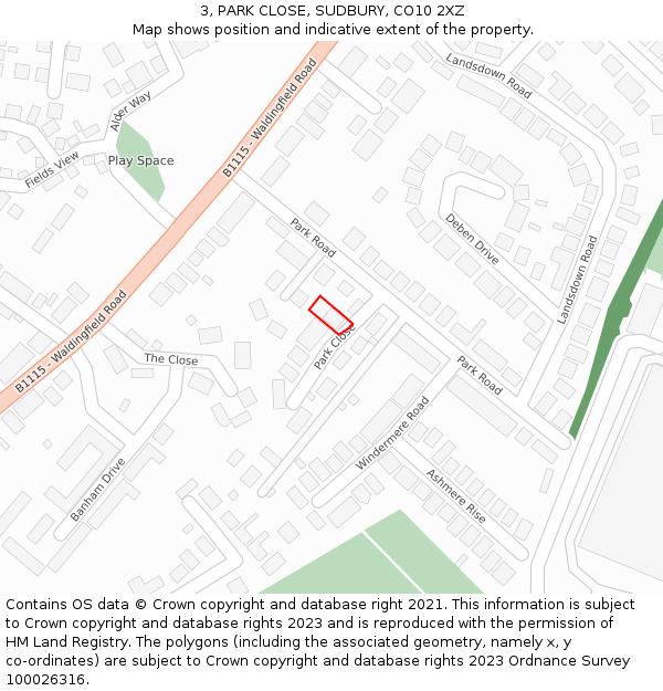 3, PARK CLOSE, SUDBURY, CO10 2XZ: Location map and indicative extent of plot