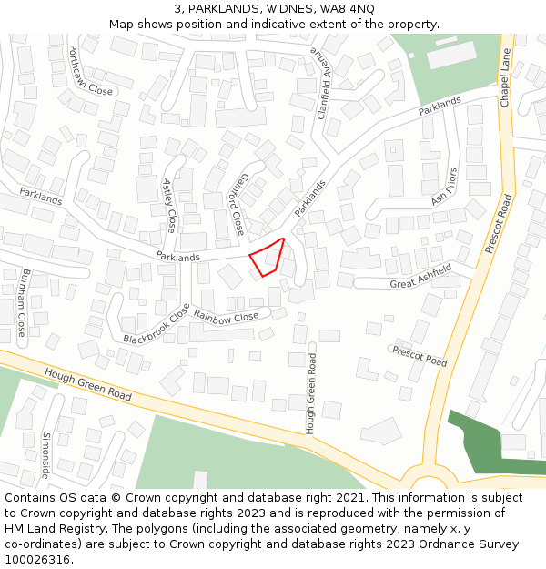 3, PARKLANDS, WIDNES, WA8 4NQ: Location map and indicative extent of plot