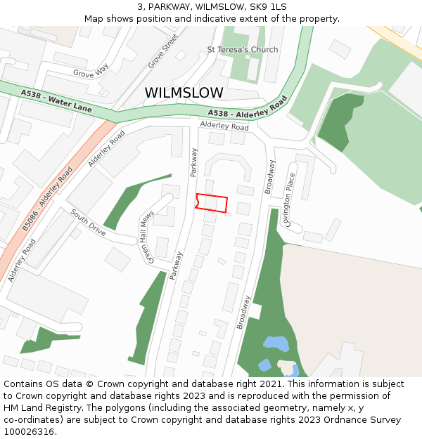 3, PARKWAY, WILMSLOW, SK9 1LS: Location map and indicative extent of plot