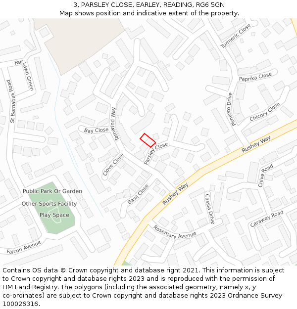 3, PARSLEY CLOSE, EARLEY, READING, RG6 5GN: Location map and indicative extent of plot