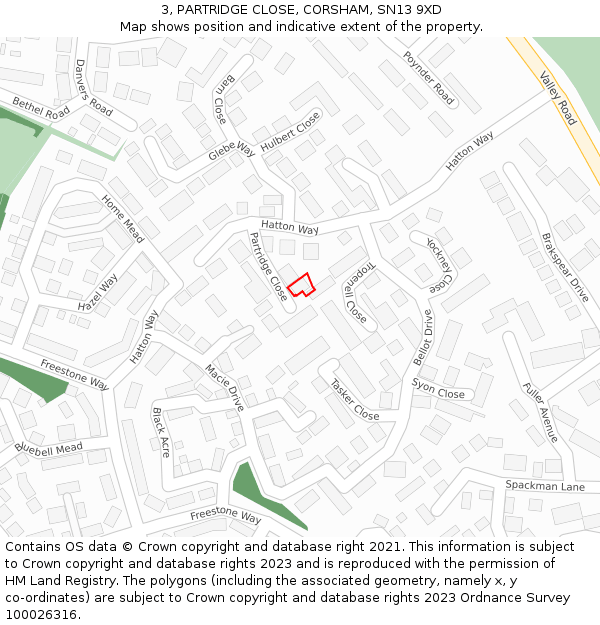 3, PARTRIDGE CLOSE, CORSHAM, SN13 9XD: Location map and indicative extent of plot