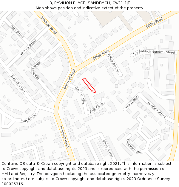 3, PAVILION PLACE, SANDBACH, CW11 1JT: Location map and indicative extent of plot