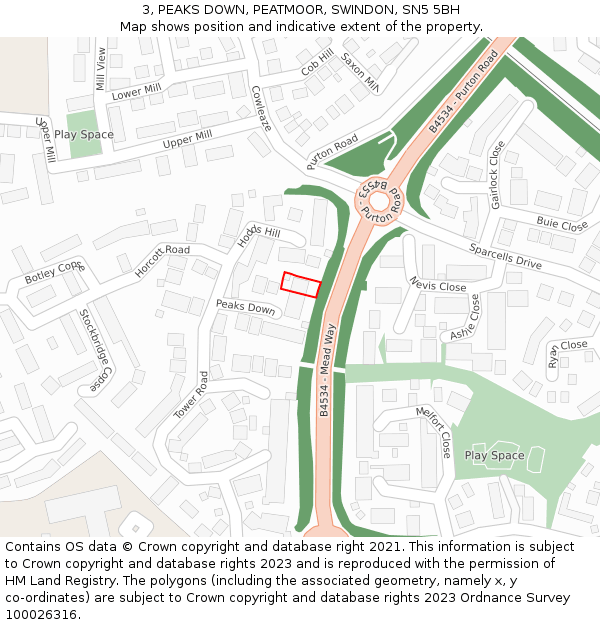 3, PEAKS DOWN, PEATMOOR, SWINDON, SN5 5BH: Location map and indicative extent of plot