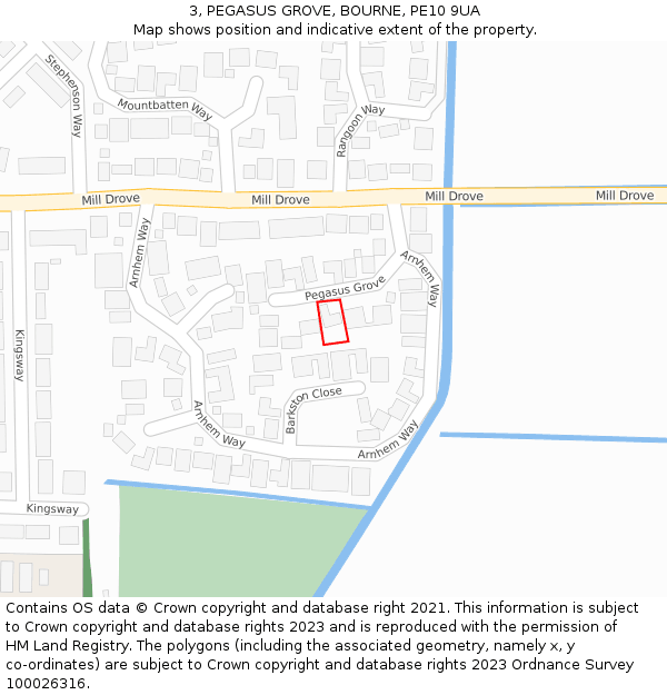 3, PEGASUS GROVE, BOURNE, PE10 9UA: Location map and indicative extent of plot