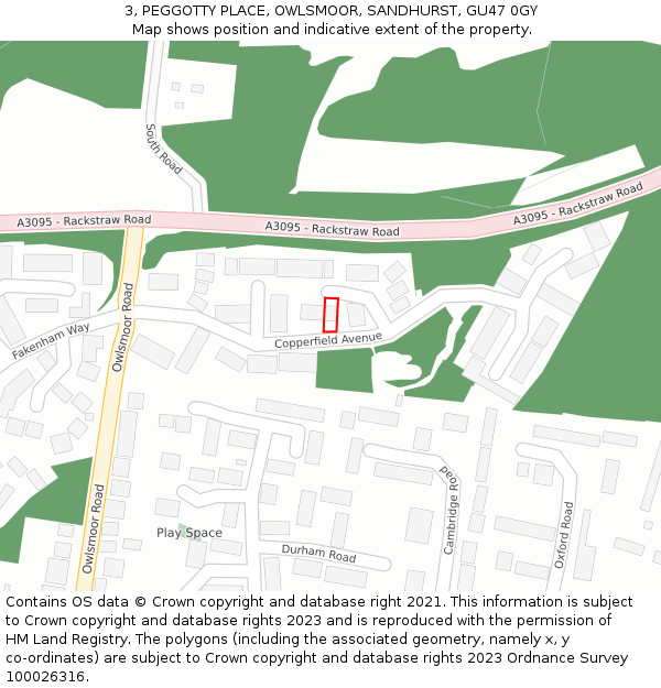3, PEGGOTTY PLACE, OWLSMOOR, SANDHURST, GU47 0GY: Location map and indicative extent of plot