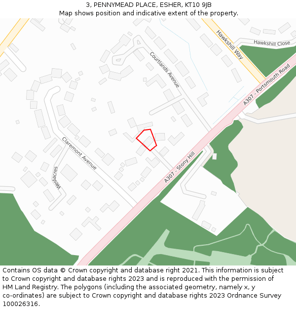 3, PENNYMEAD PLACE, ESHER, KT10 9JB: Location map and indicative extent of plot