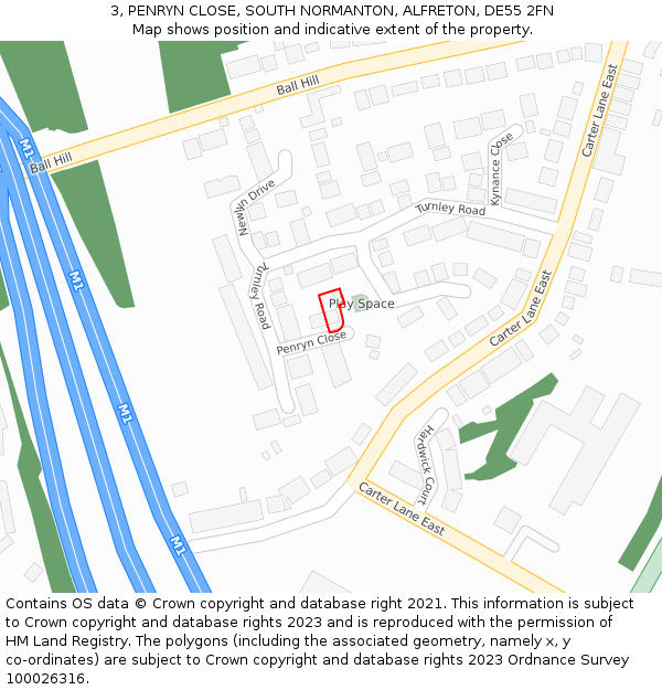 3, PENRYN CLOSE, SOUTH NORMANTON, ALFRETON, DE55 2FN: Location map and indicative extent of plot