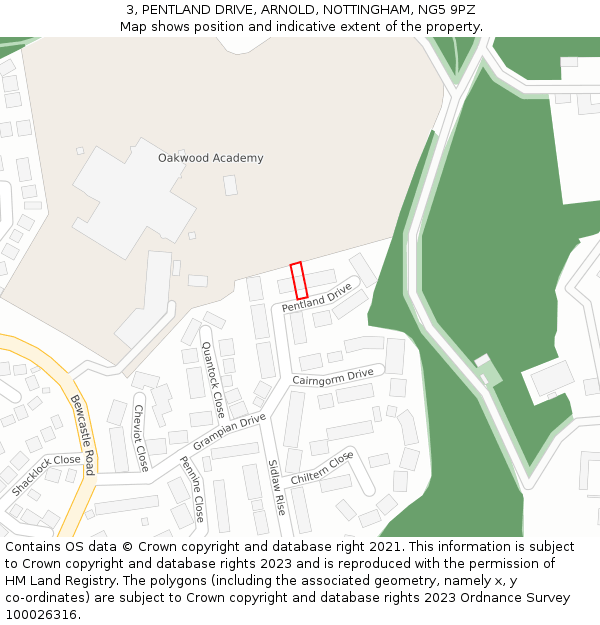 3, PENTLAND DRIVE, ARNOLD, NOTTINGHAM, NG5 9PZ: Location map and indicative extent of plot