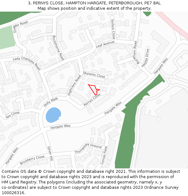 3, PERNYS CLOSE, HAMPTON HARGATE, PETERBOROUGH, PE7 8AL: Location map and indicative extent of plot