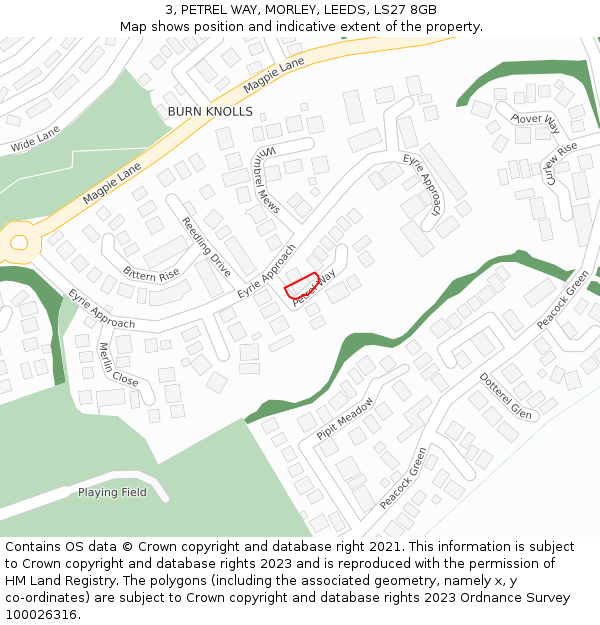 3, PETREL WAY, MORLEY, LEEDS, LS27 8GB: Location map and indicative extent of plot