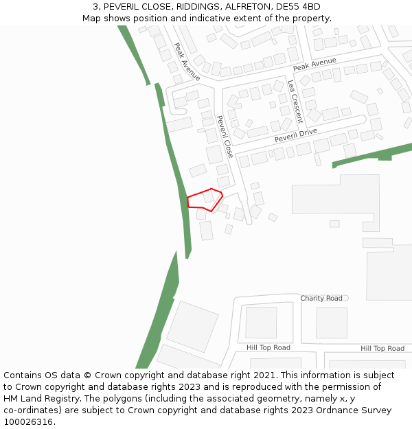 3, PEVERIL CLOSE, RIDDINGS, ALFRETON, DE55 4BD: Location map and indicative extent of plot