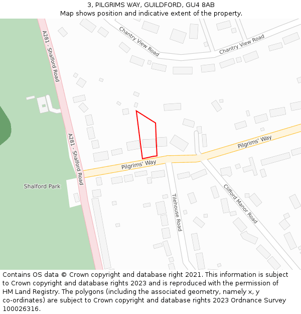 3, PILGRIMS WAY, GUILDFORD, GU4 8AB: Location map and indicative extent of plot