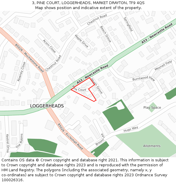 3, PINE COURT, LOGGERHEADS, MARKET DRAYTON, TF9 4QS: Location map and indicative extent of plot