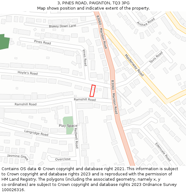 3, PINES ROAD, PAIGNTON, TQ3 3PG: Location map and indicative extent of plot