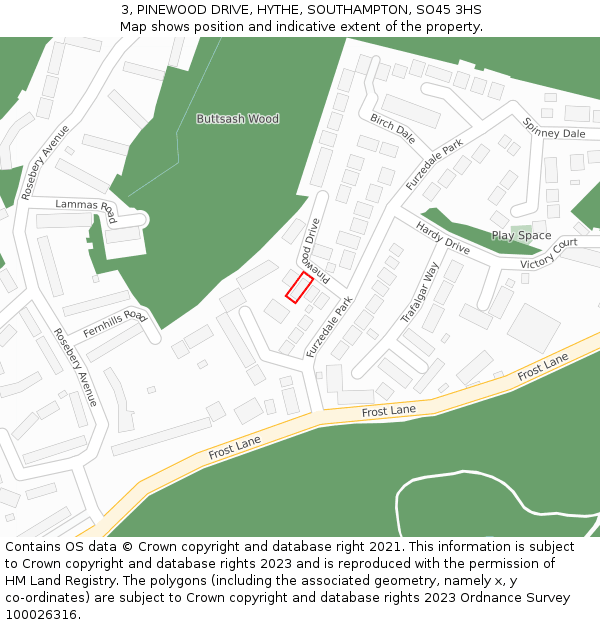 3, PINEWOOD DRIVE, HYTHE, SOUTHAMPTON, SO45 3HS: Location map and indicative extent of plot