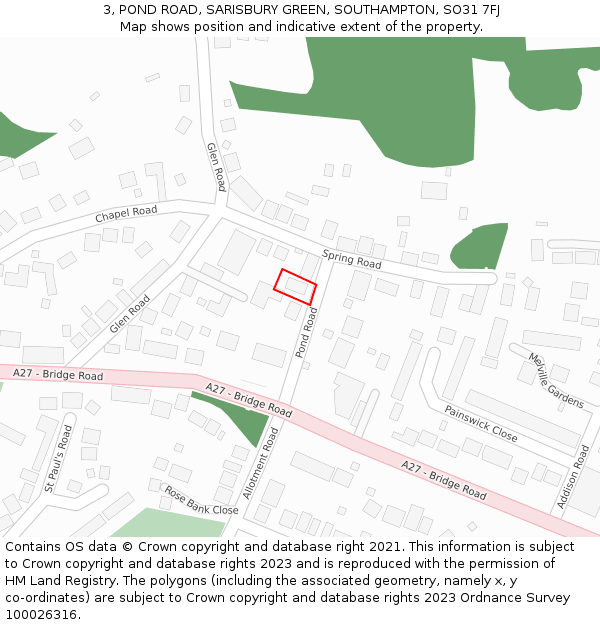 3, POND ROAD, SARISBURY GREEN, SOUTHAMPTON, SO31 7FJ: Location map and indicative extent of plot
