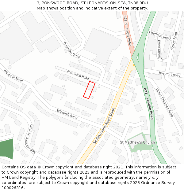 3, PONSWOOD ROAD, ST LEONARDS-ON-SEA, TN38 9BU: Location map and indicative extent of plot