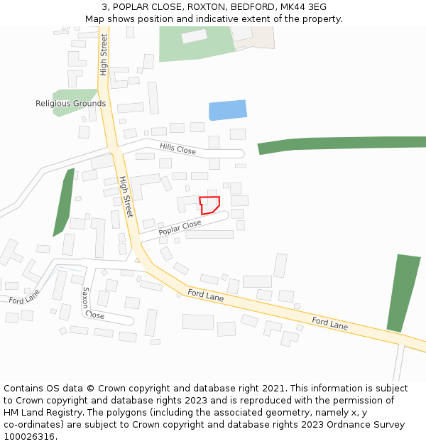 3, POPLAR CLOSE, ROXTON, BEDFORD, MK44 3EG: Location map and indicative extent of plot