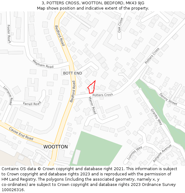 3, POTTERS CROSS, WOOTTON, BEDFORD, MK43 9JG: Location map and indicative extent of plot