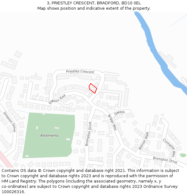 3, PRIESTLEY CRESCENT, BRADFORD, BD10 0EL: Location map and indicative extent of plot