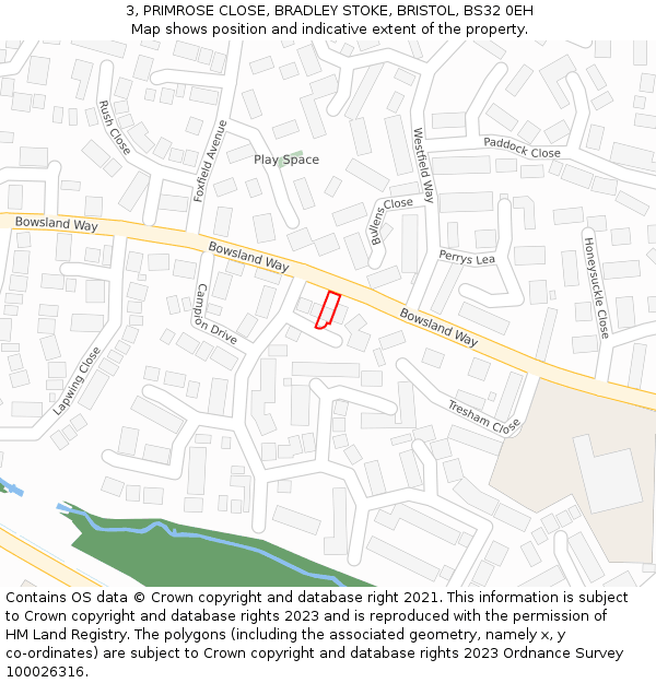 3, PRIMROSE CLOSE, BRADLEY STOKE, BRISTOL, BS32 0EH: Location map and indicative extent of plot