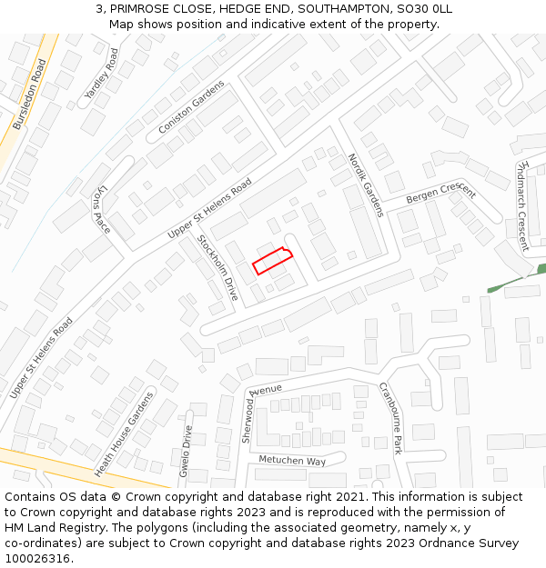 3, PRIMROSE CLOSE, HEDGE END, SOUTHAMPTON, SO30 0LL: Location map and indicative extent of plot